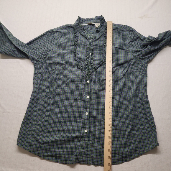 LL Bean Women Shirt XL Green Plaid Ruffle Button Up Band Collar Cottage Classic - Picture 9 of 11